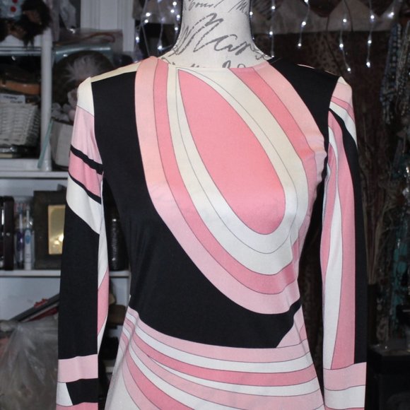Vintage Very Pucci-Esque Julie Brown Silk Abstract Dress Sz P S/M - Picture 3 of 12